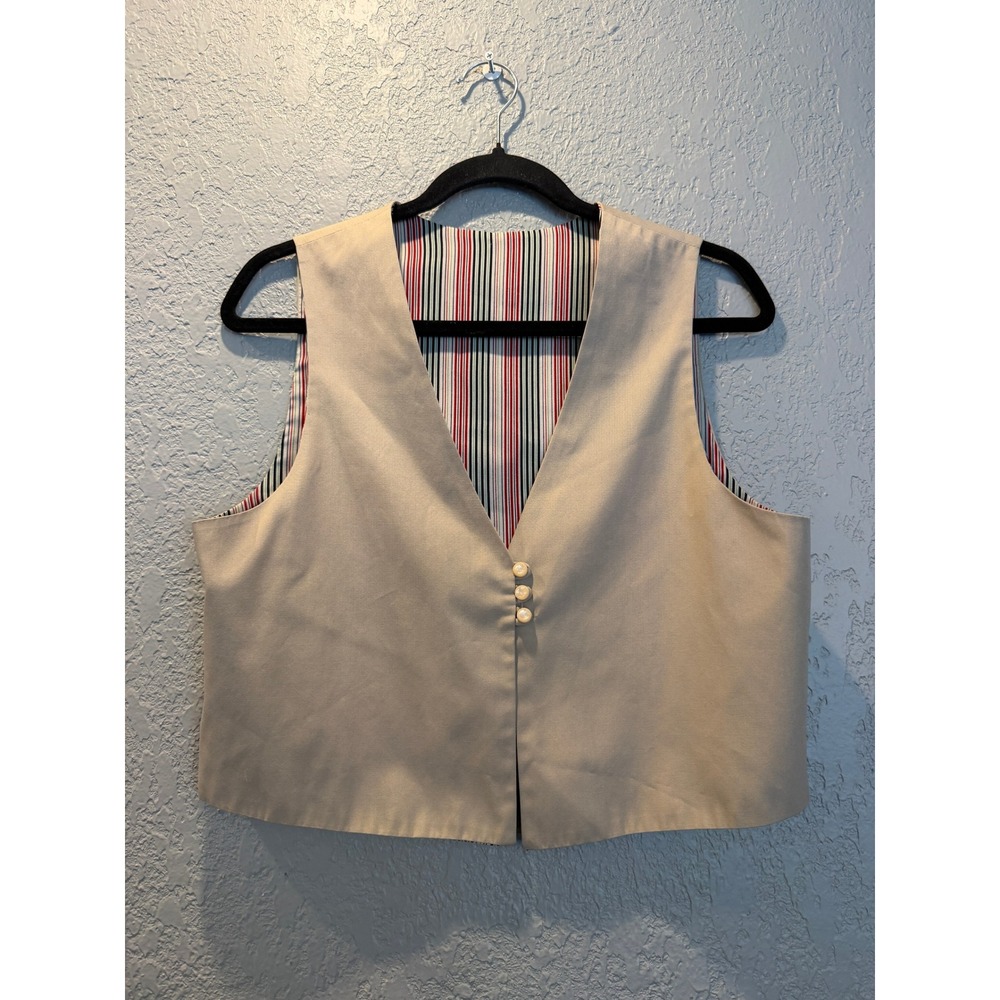 Vintage Style Tan V-Neck Waistcoat Vest Striped Lining Beige Cropped L/XL